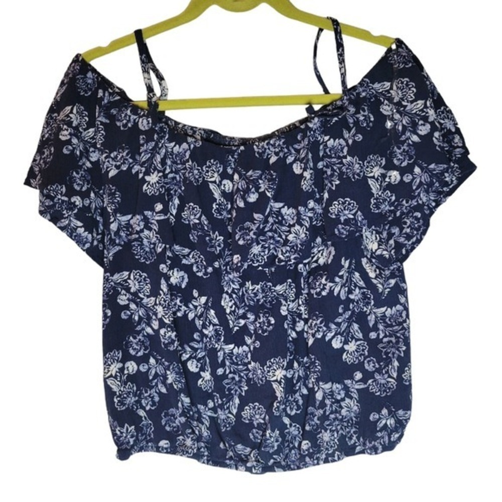 A. Byer XL Floral Off Shoulder Top Blouse Navy Blue Boho‎ Bohemian